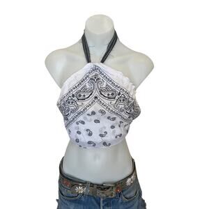 Bandana Halter Top Crop One Size Festival Western White Handcrafted Unique NEW